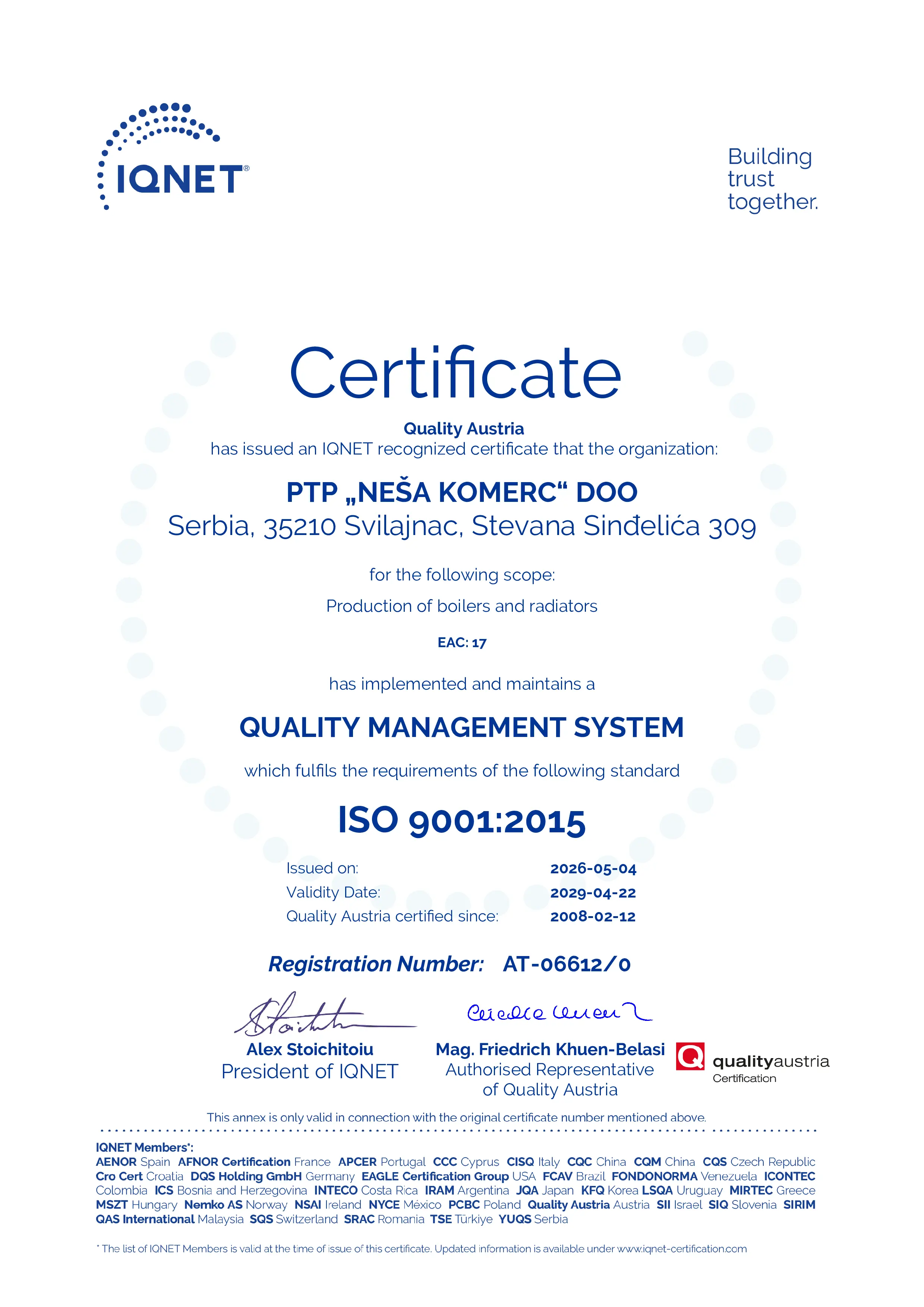 IQNET sertifikat · ISO 9001:2015